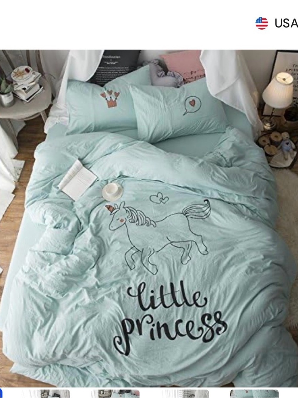 Little Princess Unicorn Mint Duvet Cover Set full